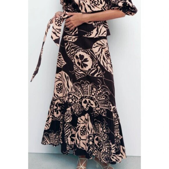 NWOT Zara linen blend botanical print brown & butter tan high waist skirt, XS - Picture 5 of 12